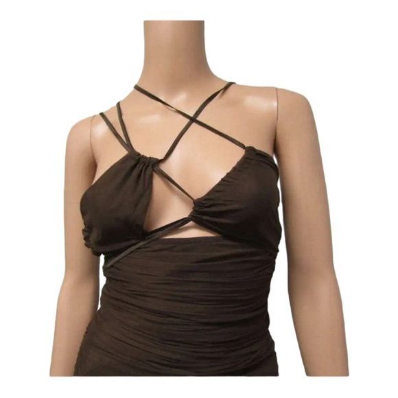 LEAU Seoul Strap Cutout Mesh Bodycon Midi Dress Brown Small NWT Sexy - Picture 6 of 11